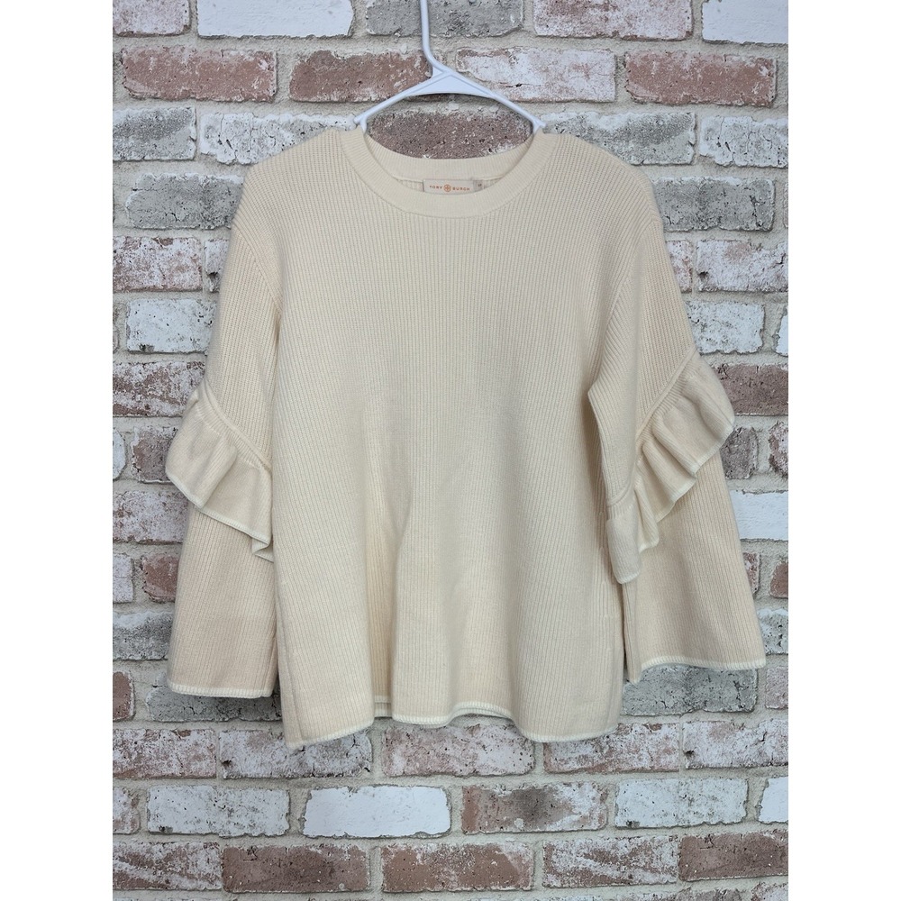 Tory Burch Ashley Ruffled Bell Sleeves Pullover Knit Sweater Wool Ivory Small - Picture 2 of 10